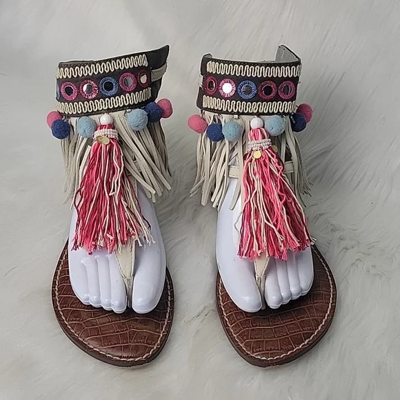 SAM EDELMAN Gere Western Fringe Pom‎ Pom Boho Hippie Gladiator Thong Sandals 8.5 - Picture 2 of 14
